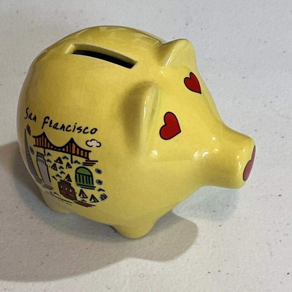 San Francisco Piggy Bank Yellow Red Heart Eyes Luke A Tuke City Scape Scene